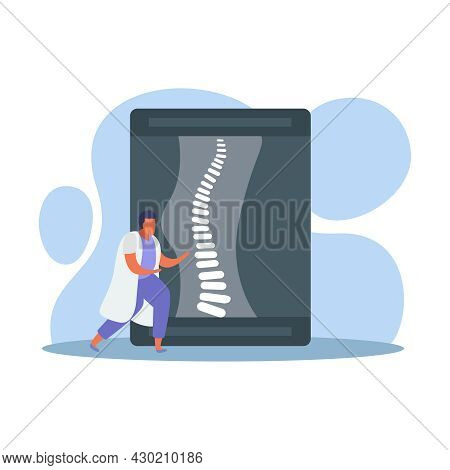 Orthopedics Clinic Flat Composition With Character Of Doctor In Front Of Leg Radiogram With Bones Ve