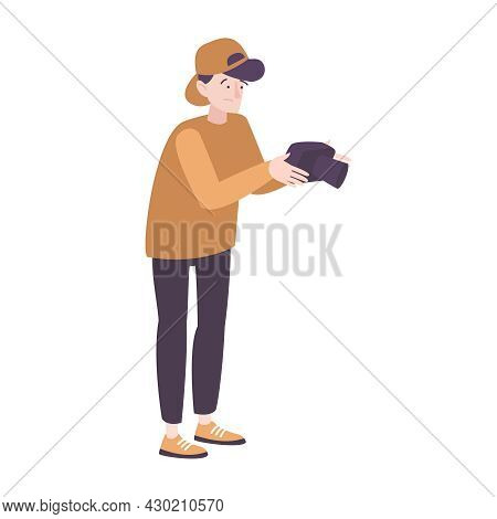 Photoschool Flat Composition With Doodle Character Of Troubled Guy With Camera Vector Illustration