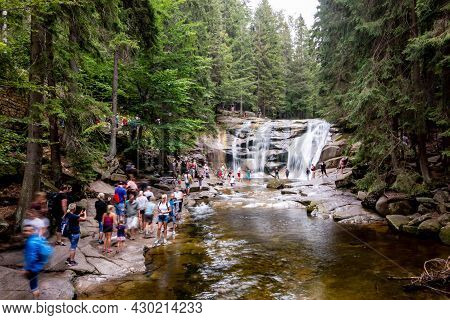 Harrachov, Czech Republic - August 22, 2020: Mumlavsky Vodopad Waterfall In Krkonose (giant Mountain
