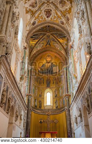 Cefalu, Italy - June 3, 2020: Interior of the Cathedral-Basilica of Cefalu Duomo di Cefalu in Sicily, Italy.