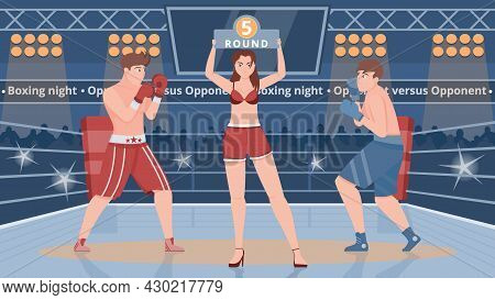 Boxing Ring Flat Vector Illustration With Two Male Boxers And Girl In Bikini Showing Sign With Numbe