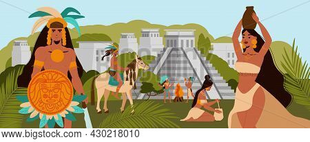 Maya Civilization With Mayan Natives On Background With Ancient Pyramid Buildings And Green Trees Fl