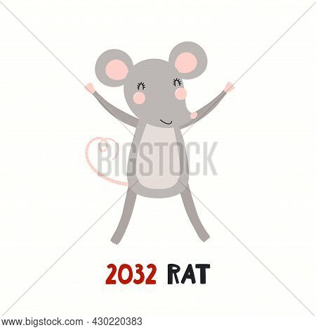 Cute Cartoon Rat, Asian Zodiac Sign, Astrological Symbol, Isolated On White. Hand Drawn Vector Illus