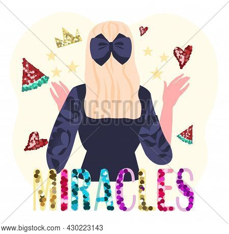 Colorful Sequins Miracle. Woman In Bright Colors Stands With Her Back And Admires Beauty. Girl With 