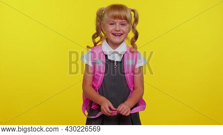 Little Cute Teen Child Kid Girl In School Uniform Laughing Out Loud After Ridiculous Anecdote, Funny
