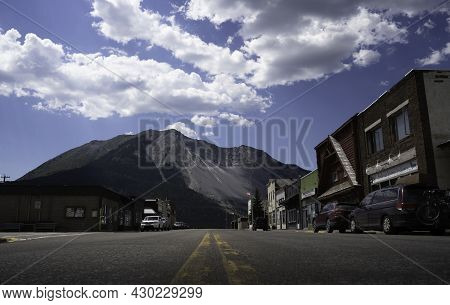 Bellevue Alberta Canada, July 13 2021: The Main Street In A Popular Mountains Town In The Canadian R