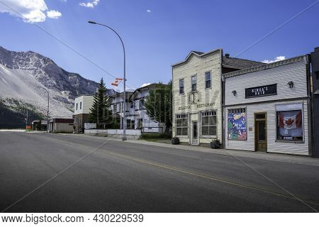 Bellevue Alberta Canada, July 13 2021: The Main Street In A Popular Mountains Town In The Canadian R