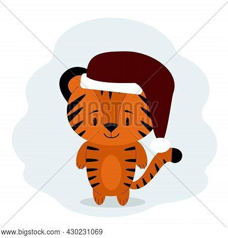 The Striped Tiger Is The Symbol Of 2022 In The Red Santa Hat. Postcard For New Years Celebration. Ve
