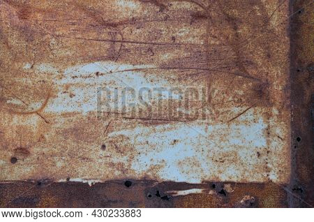 Old Light Blue Painted Grey Rusty Rustic Rust Iron Metal Frame Background Texture, Horizontal Aged D