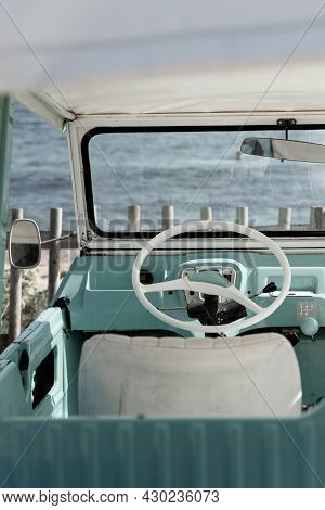 Formentera, Spain: 2021 August 17: Retro Citroen Mehari In Light Blue And White On Mijorn Beach In F