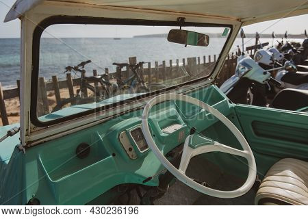 Formentera, Spain: 2021 August 17: Retro Citroen Mehari In Light Blue And White On Mijorn Beach In F