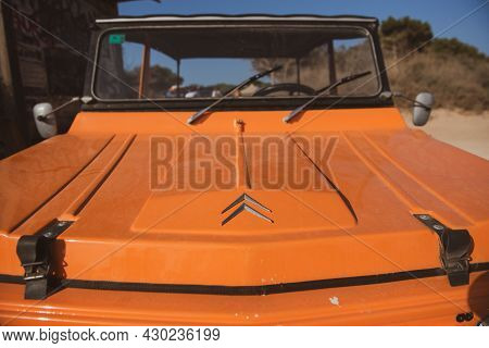 Formentera, Spain: 2021 August 17: Retro Citroen Mehari In Light Blue And White On Mijorn Beach In F