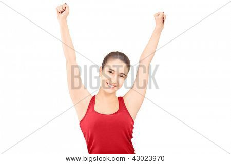 Emocionado el joven mujer felicidad gesticular aislado sobre fondo blanco