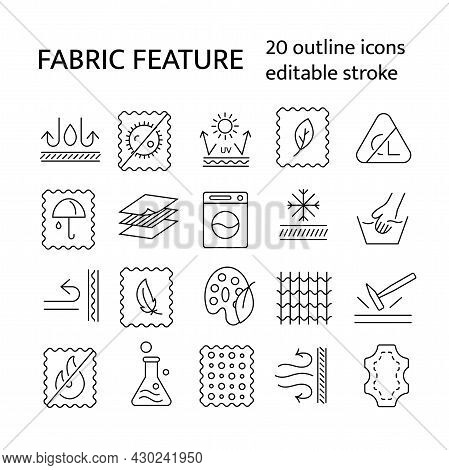 Fabric Diversity Properties Outline Icons Set. Textile Industry. Easy Care, Moth Protection. Customi