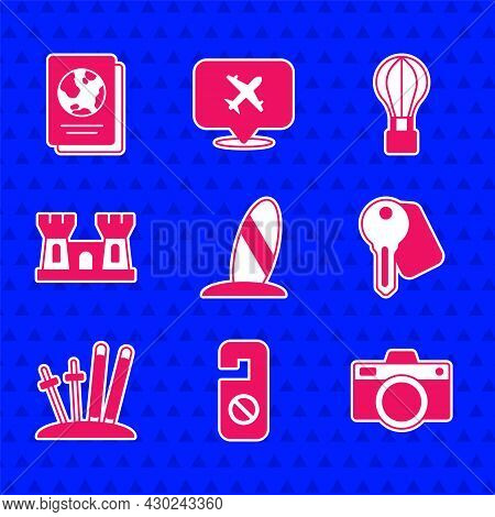 Set Surfboard, Please Do Not Disturb, Photo Camera, Hotel Door Lock Key, Ski And Sticks, Sand Castle