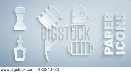 Set Rib Eye Steak, Oven Glove, Sauce Bottle, Barbecue Grill, Grilled Pork Bbq Ribs And Pepper Icon. 
