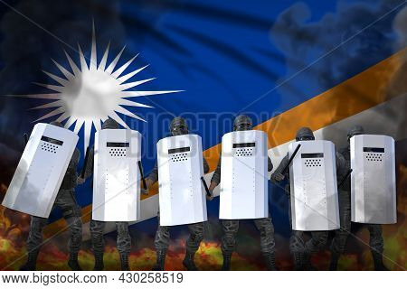 Marshall Islands Protest Fighting Concept, Police Swat In Heavy Smoke And Fire Protecting Government