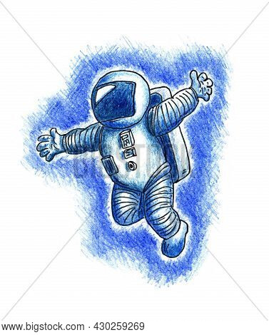 The Cosmonaut Drawing Is Made With Colored Pencils And A Black Liner