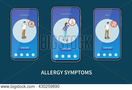 Allergy Symptoms Online Info 3 Isometric Mobile Screens Banners Set With Lachrymation Clogged Nose R