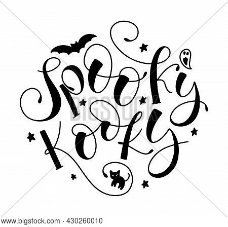 Spooky Kooky - Vector Illustration With Black Lettering And Doodle Cat, Bat, Ghost And Stars.
