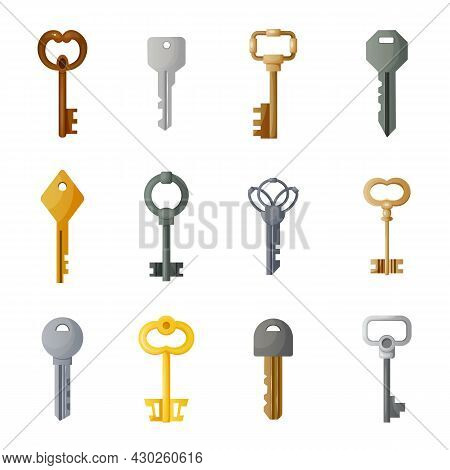 Cartoon Keys. Ancient And Modern Retro Metal Latchkeys. Treasure Lock And Home Security. Secret Sign