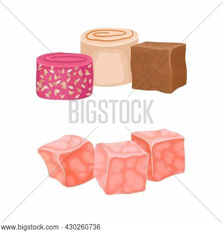 Oriental Sweets Set. Turkish Delight, East Cuisine Desserts Cartoon Vector Illustration
