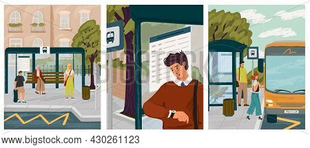 People Waiting In Queue On Bus Stop Vector Illustration Set. Man Looks At Bus Schedule And Checks Ti