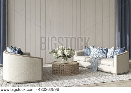 Coastal Design Living Room. Mock Up White Wall In Cozy Home Interior Background. Hampton Style 3d Re