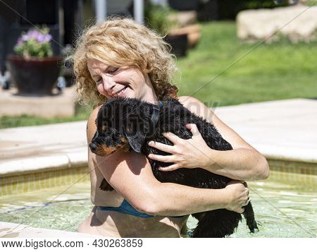 Puppy Rottweiler And Woman Near Swimming Pool In Summer