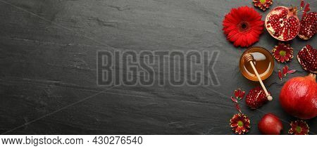 Flat Lay Composition With Rosh Hashanah Holiday Attributes On Black Background, Space For Text. Bann