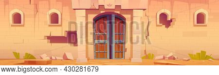 Old Medieval Castle With Open Wooden Gates And Broken Stone Wall. Vector Cartoon Illustration Of Aba
