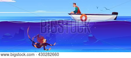 Sea Landscape With Woman Scuba Diver Under Water And Man Waiting In Boat. Vector Cartoon Illustratio