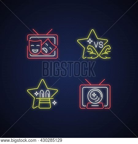 Tv Shows Genres Neon Light Icons Set. Drama Series. Talent Contest. Mystical Serial. Sport Competiti