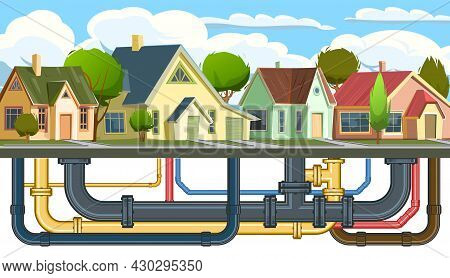 Pipeline For Various Purposes. Pipes Of Different Color Calibration. Underground Part Of System. Car