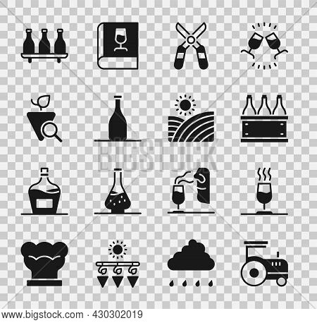 Set Tractor, Wine Tasting, Degustation, Bottles Of Wine Box, Gardening Scissors, Grapes, And Vineyar