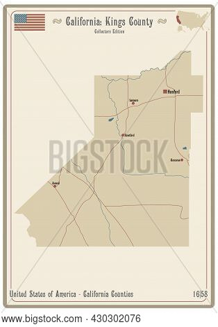 Map On An Old Playing Card Of Kings County In California, Usa.