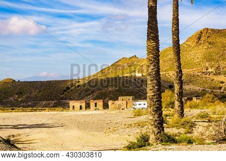 Caravan Camping At Movie Location El Chorrillo In Sierra Alhamilla Mountains, Spain. Tourist Attract