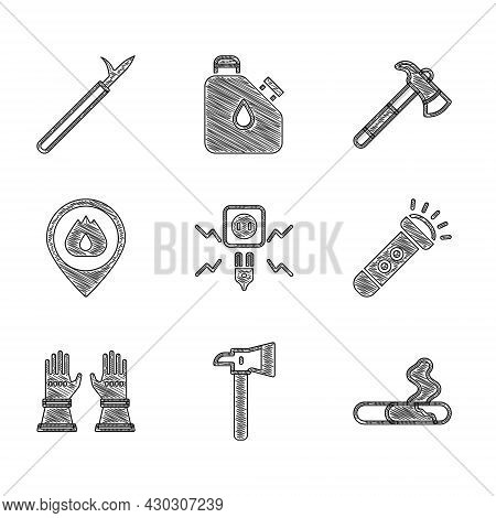 Set Electricity Spark, Firefighter Axe, Cigarette, Flashlight, Gloves, Location With Fire Flame, And