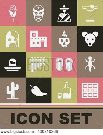 Set Chocolate Bar, Lizard, Dog, Mexican Man Sombrero, House, Wrestler, Corn And Burning Candle On Sk