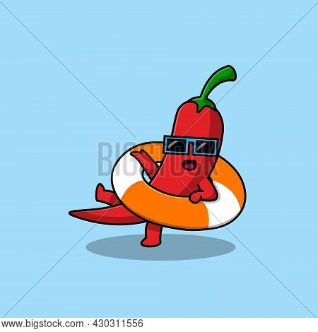 Cute Chili Wearing Balloon Cartoon Vector Icon Illustration. Summer Fruits Icon Concept Isolated Pre