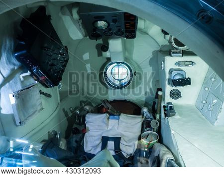 Shorsheli, Russia - August, 09 2021:  Interior Of Descent Vehicle Soyuz Tma-1 Spacecraft In Museum O