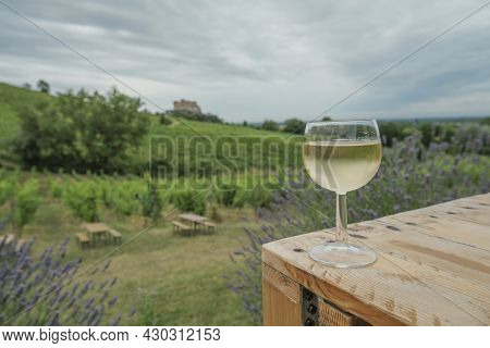 Glass Of White Wine On The Terrace Close-up Across Vineyards, Castle. And Blue Sky. Travel, Winemaki
