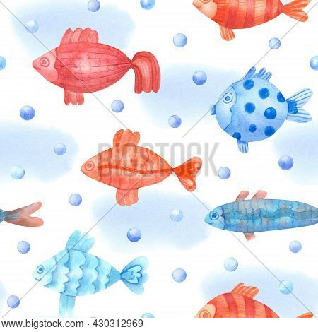 Watercolor Seamless Pattern With Colorful Fish, Blue Spots And Pearls On White. Underwater Life Hand
