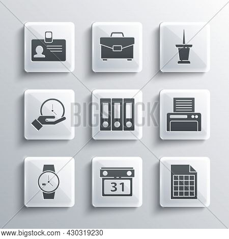 Set Calendar, File Document, Printer, Office Folders, Wrist Watch, Clock, Identification Badge And P