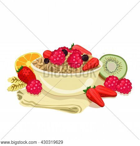 Good Morning. Flat Style. Tasty Porridge With Berries In A Bowl, Cup Of Coffee, Raspberries, Kiwi, O
