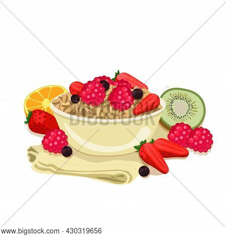 Good Morning. Flat Style. Tasty Porridge With Berries In A Bowl, Cup Of Coffee, Raspberries, Kiwi, O