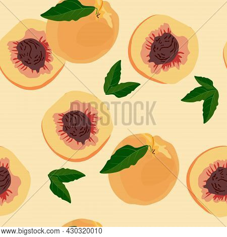 Ripe Peaches Seamless Pattern Vector Stock Illustration. Juicy Apricot. Southern Sweet Fruit. The So