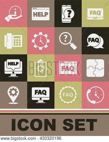 Set Telephone 24 Hours Support, Piece Of Puzzle, Speech Bubble With Faq, Mobile Question, Time Manag
