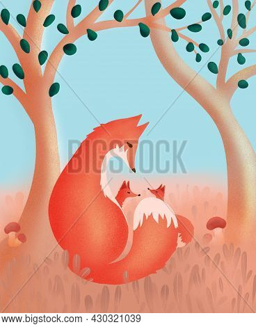Fox And Fox Cubs In The Forest In Orange And Gray Grass Against The Blue Sky. Hand Drawn Foxes In A 