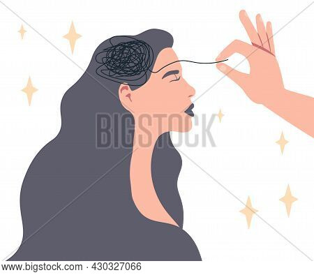 Psychoterapy With Woman. Helping Hand Relieves Stress From The Head Of A Young Girl. Fighting Depres